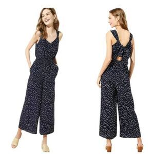 Loft Women's Jumpsuit Size 14 Polka Dot Smocked Sleeveless Tie Back Navy Blue Ne